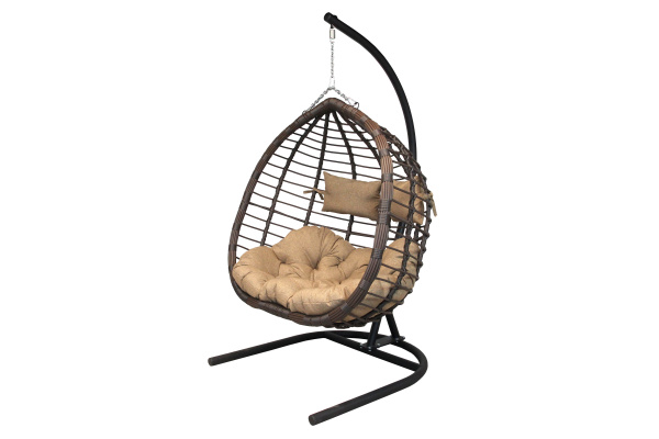 Кресло подвесное двойное Ортис (стойка+основание черный,корзн. корич.,подуш. терракот 3уп. (В))
