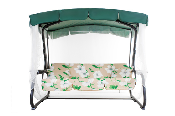 Качели садовые 3-х местные Турин(каркас черный, м/э бежевый, белый рис.цветы)1 уп.