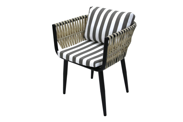 Кресло к набору Монте-Карло  (каркас черный, ротанг жемчуг, ткань ПОЛОСКА) (В) 