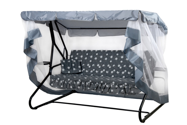 Качели садовые 3-х местные Люкс 2 с москитной сеткой(каркас серый, м/э серый рис.цветы)1 уп.