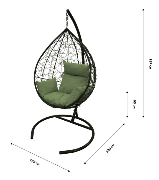 Кресло подвесное Сфера (стойка+основание.кор.,корзн.кор.,подуш.зелен. 3уп.(М))
