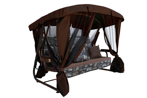 Качели садовые 3-х местные Ранго Премиум Веста(каркас корич, м/э чер, корич, бел рис.тём газета)2уп