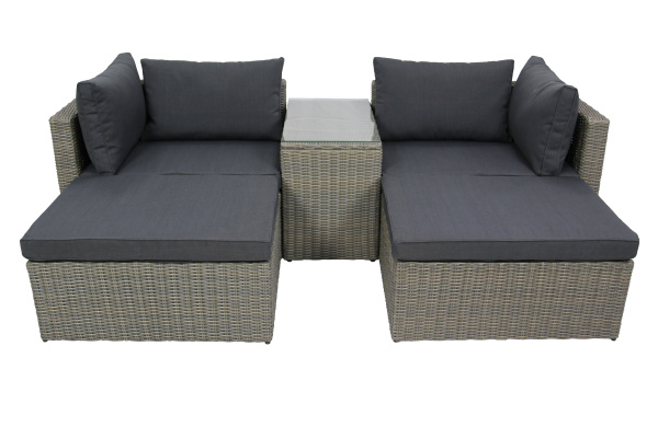Набор мебели Драмен  1 уп. (стол, 2 угл.кресла, 2 пуфа, ротанг серо-корич, подушки серые) 