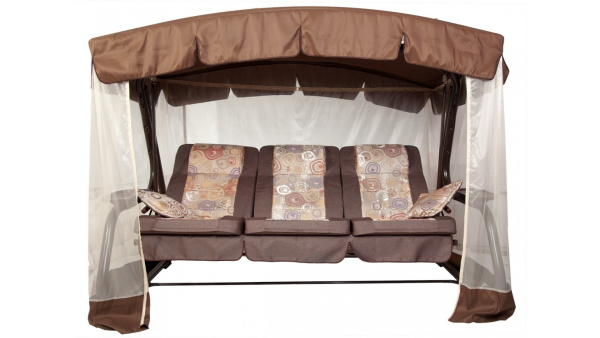 Качели садовые 3-х местные Палермо Премиум меб.ткань(каркас коричневый, м/э  коричневый рис.круги)2 