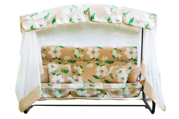Качели садовые 3-х местные Турин Премиум FLOWER(каркас черный, м/э бежевый, белый рис.цветы)2 уп.