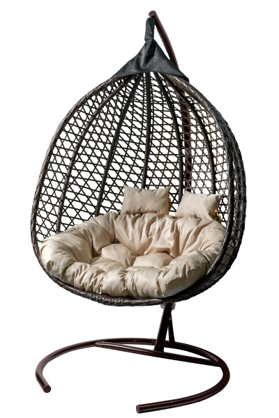 Кресло подвесное двойное Фиджи (стойка+осн.КОРИЧ.,корзн.корич.,подуш.беж. 3уп. (М))