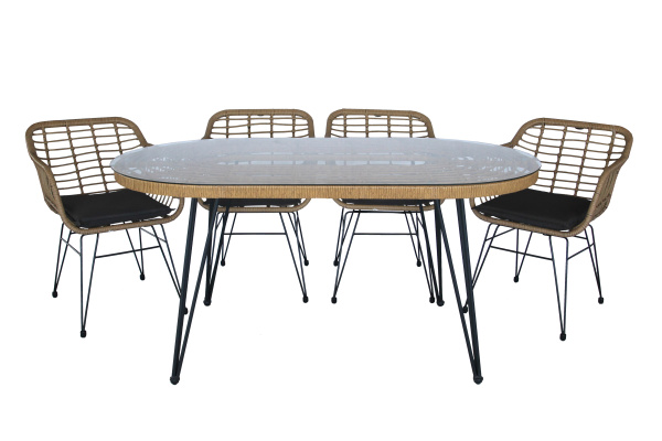 Набор мебели Адриан  14 уп.(4 стула Адриан+стол обеден.160 см. 2 уп., каркас черн, ротанг беж.подушк