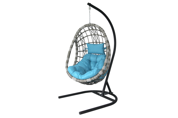 Кресло подвесное Ривьера (стойка+основание.черн.,корзн.серая.,подуш.estera лазурный. 3уп. (В))