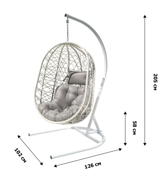 Кресло подвесное Кокон XL (стойка+основание.бел.,корзн.бел.,подуш.серый. 3уп. (В))