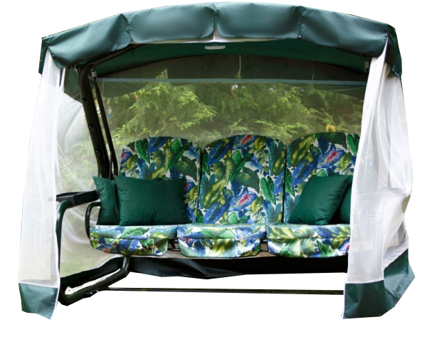 Качели садовые 3-х местные Мастак Премиум ткань панама(каркас зеленый, м/э зеленый рис.листья)2 уп.