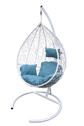 Кресло подвесное Сфера (стойка+основание.белое.,корзн.белая.,подуш.бирюзовая. 3уп.(М))