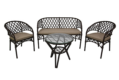 Набор мебели Фреско  (2 кресла+стол D61+ диван) каркас черный, ротанг коричневый 