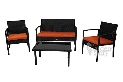 Набор мебели Бостон NEW  1 уп. (стол+2кресла+диван ротанг черный, подушки оранжевые) 