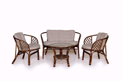Набор мебели с подушкой Багамы (диван+2кресла+стол (2 уп.), каркас коньячный, подушки бежевые) арт.B